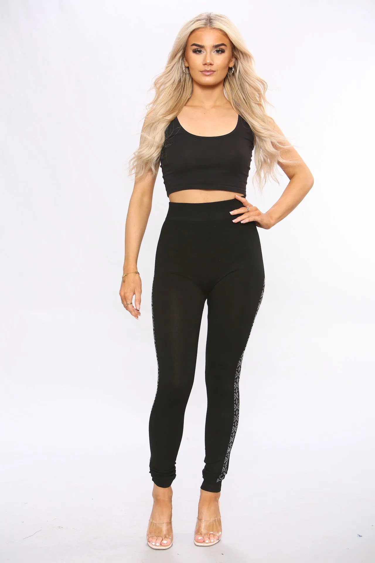 Black Cotton Diamante Side leggings