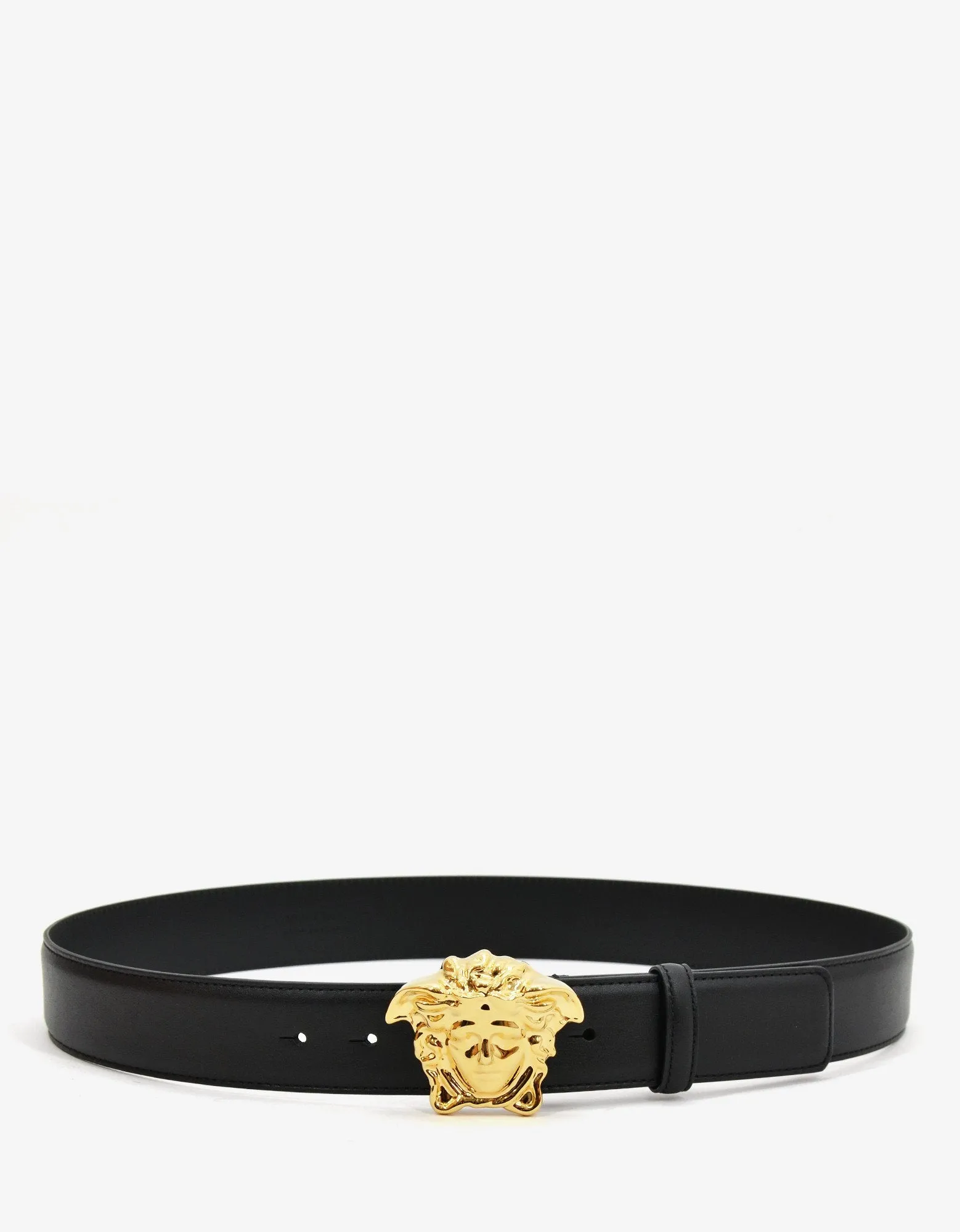 Black Leather Gold Medusa Buckle Belt