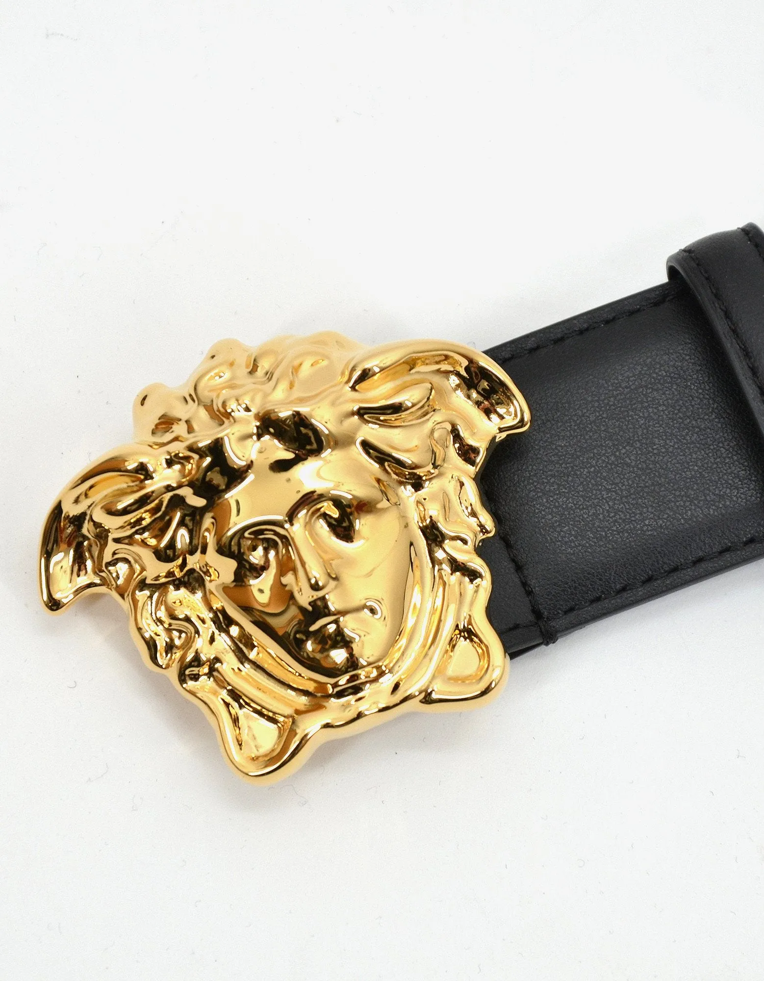 Black Leather Gold Medusa Buckle Belt