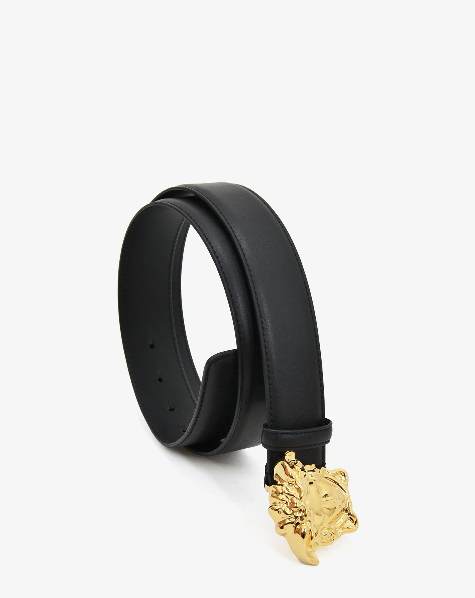 Black Leather Gold Medusa Buckle Belt