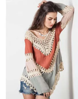 Boho Crochet Stitched Together Patchwork Blouse