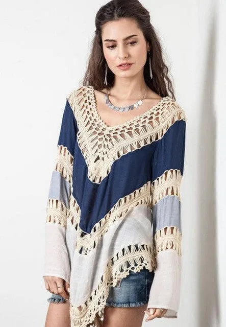 Boho Crochet Stitched Together Patchwork Blouse