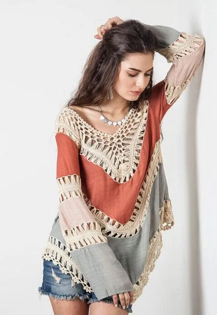 Boho Crochet Stitched Together Patchwork Blouse