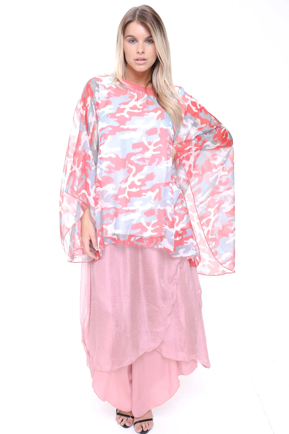 Camouflage Army Printed Chiffon Sequin Neck Holiday Kaftan