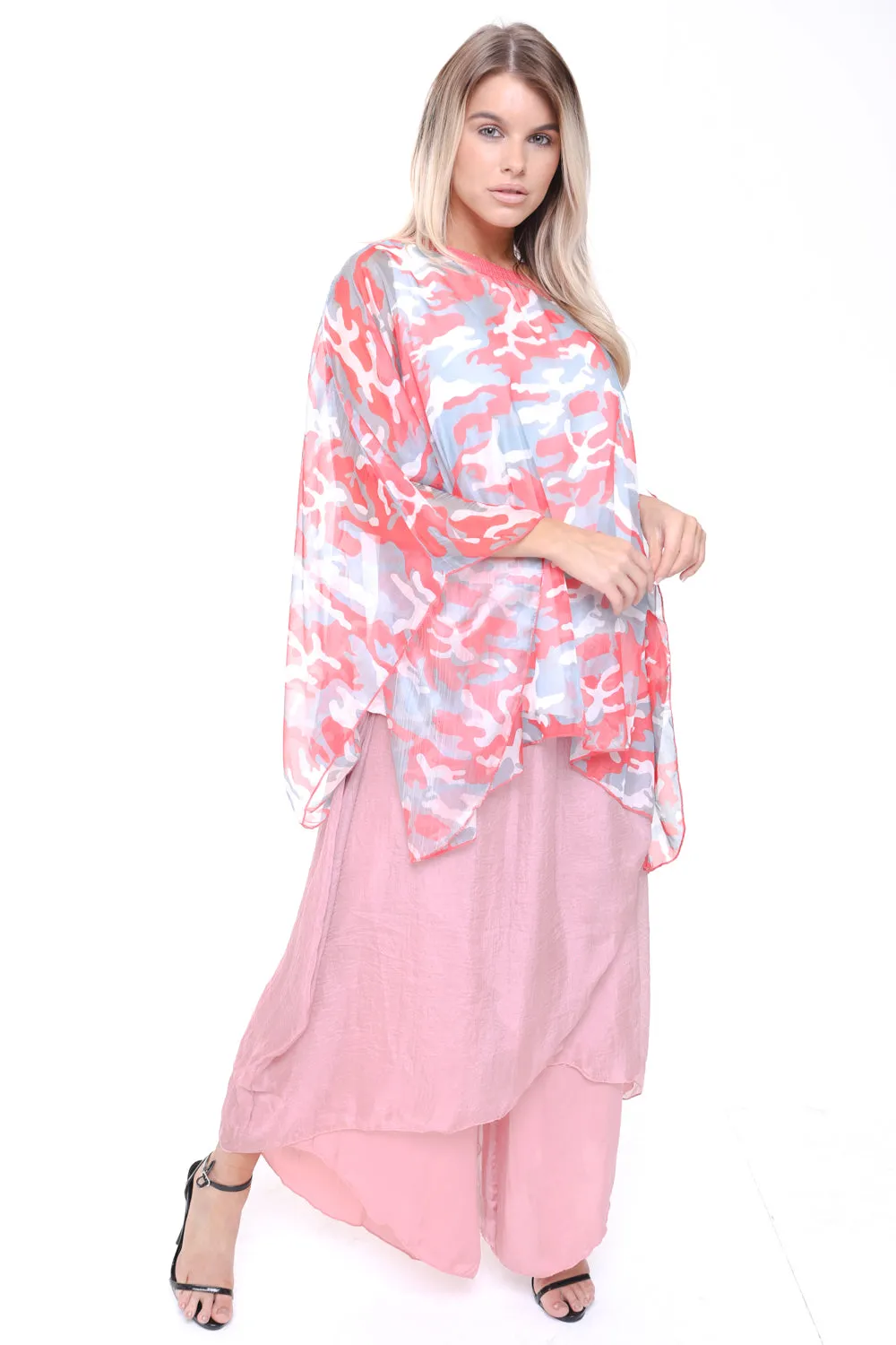 Camouflage Army Printed Chiffon Sequin Neck Holiday Kaftan