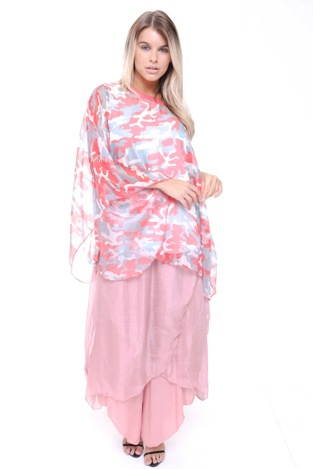 Camouflage Army Printed Chiffon Sequin Neck Holiday Kaftan