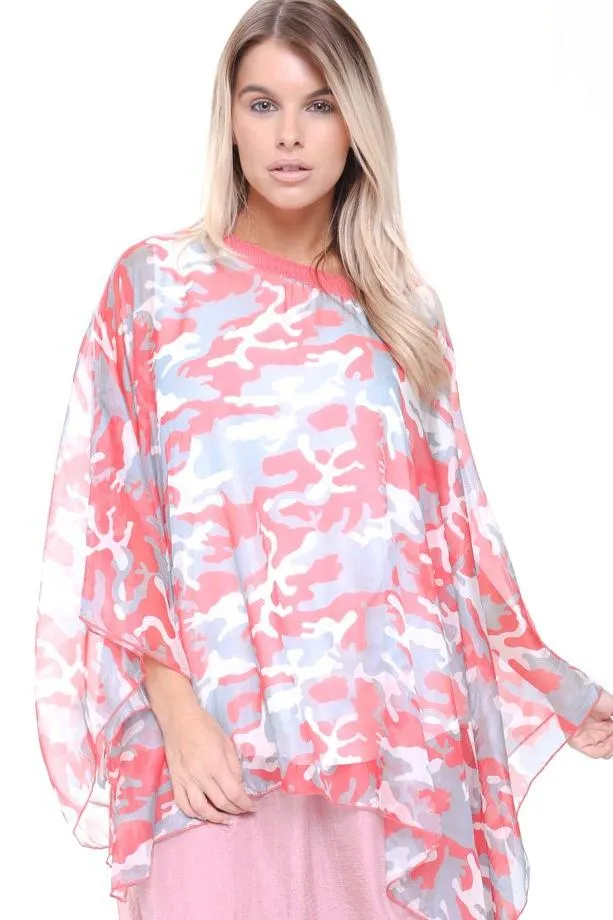 Camouflage Army Printed Chiffon Sequin Neck Holiday Kaftan