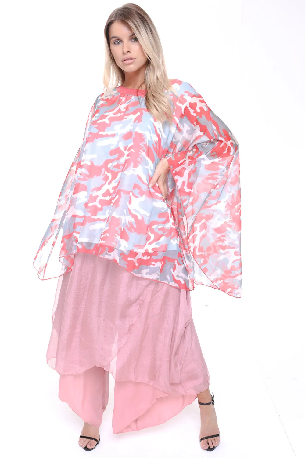 Camouflage Army Printed Chiffon Sequin Neck Holiday Kaftan