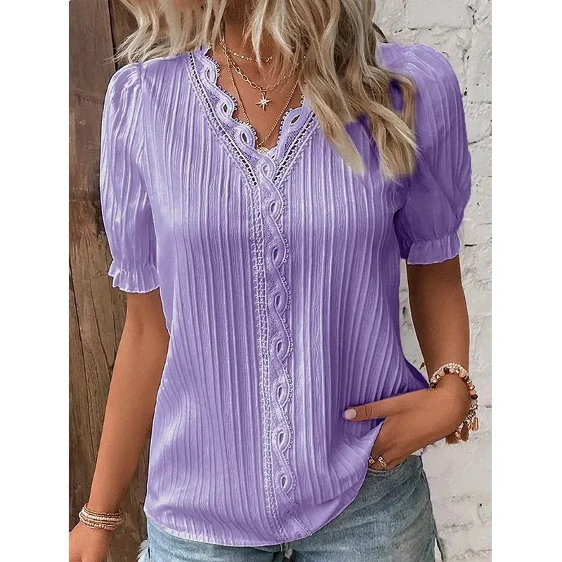 Elegant Summer V Neck Lace Patchwork Short Blouse