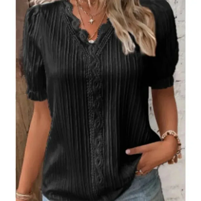 Elegant Summer V Neck Lace Patchwork Short Blouse