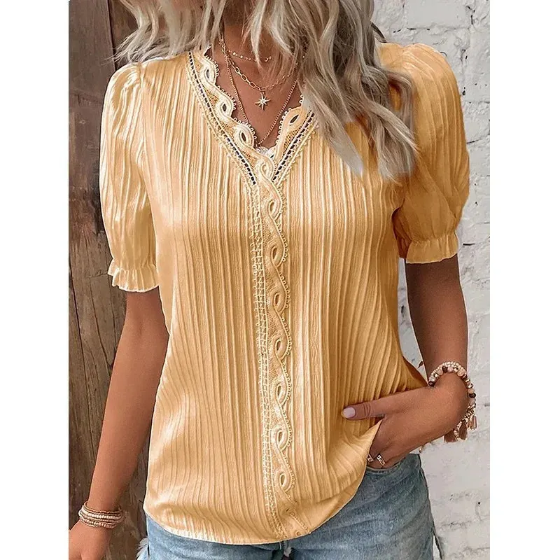 Elegant Summer V Neck Lace Patchwork Short Blouse