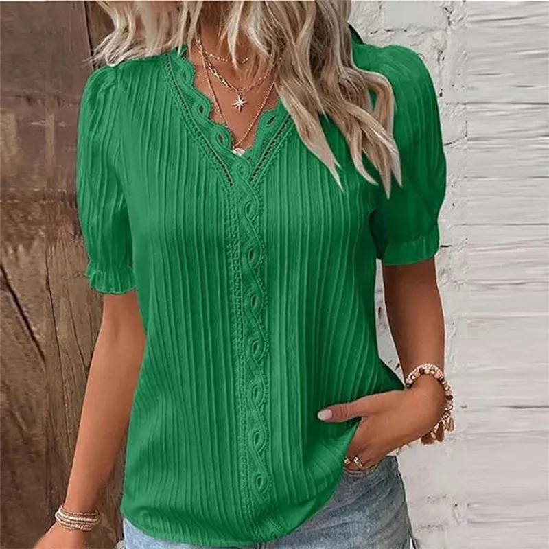 Elegant Summer V Neck Lace Patchwork Short Blouse