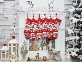 Embroidered Red White Fair Isle Personalized 20" Knitted Christmas Stockings Intarsia Knit Modern Snowflake Reindeer Tree Pom Pom Kids Xmas