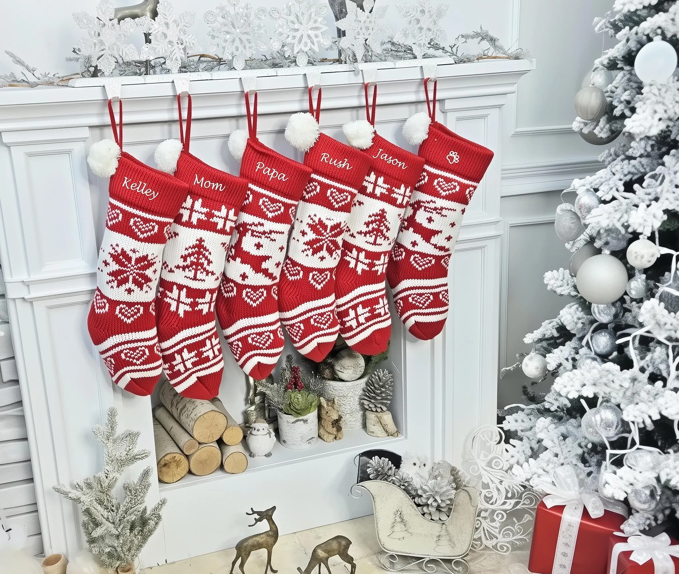 Embroidered Red White Fair Isle Personalized 20" Knitted Christmas Stockings Intarsia Knit Modern Snowflake Reindeer Tree Pom Pom Kids Xmas