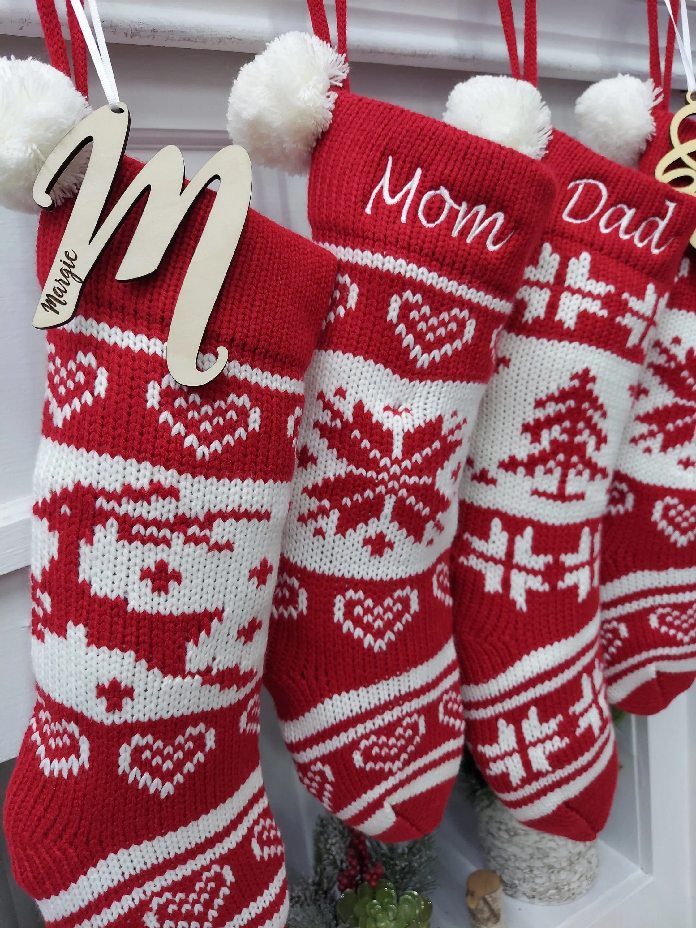 Embroidered Red White Fair Isle Personalized 20" Knitted Christmas Stockings Intarsia Knit Modern Snowflake Reindeer Tree Pom Pom Kids Xmas