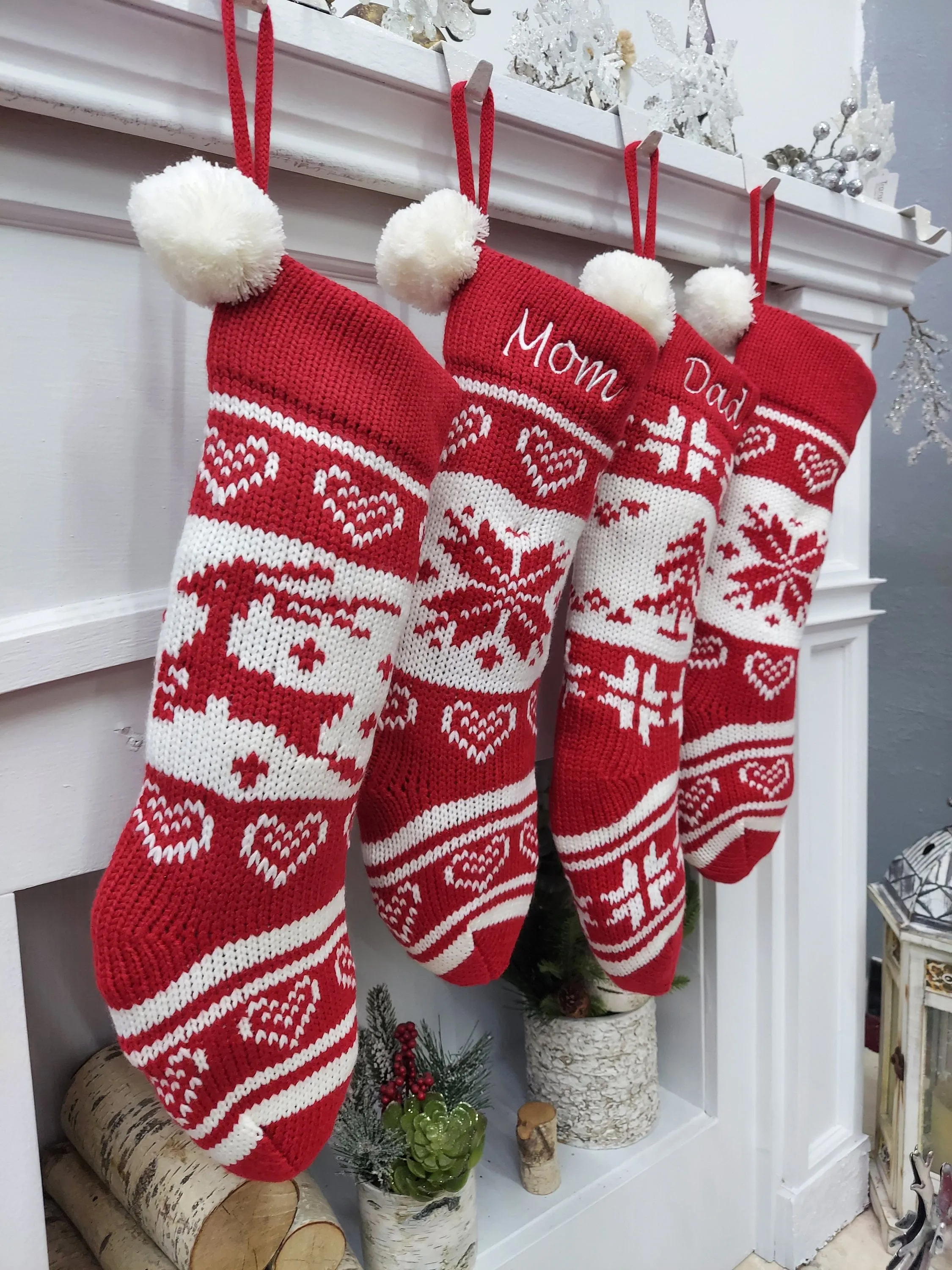 Embroidered Red White Fair Isle Personalized 20" Knitted Christmas Stockings Intarsia Knit Modern Snowflake Reindeer Tree Pom Pom Kids Xmas