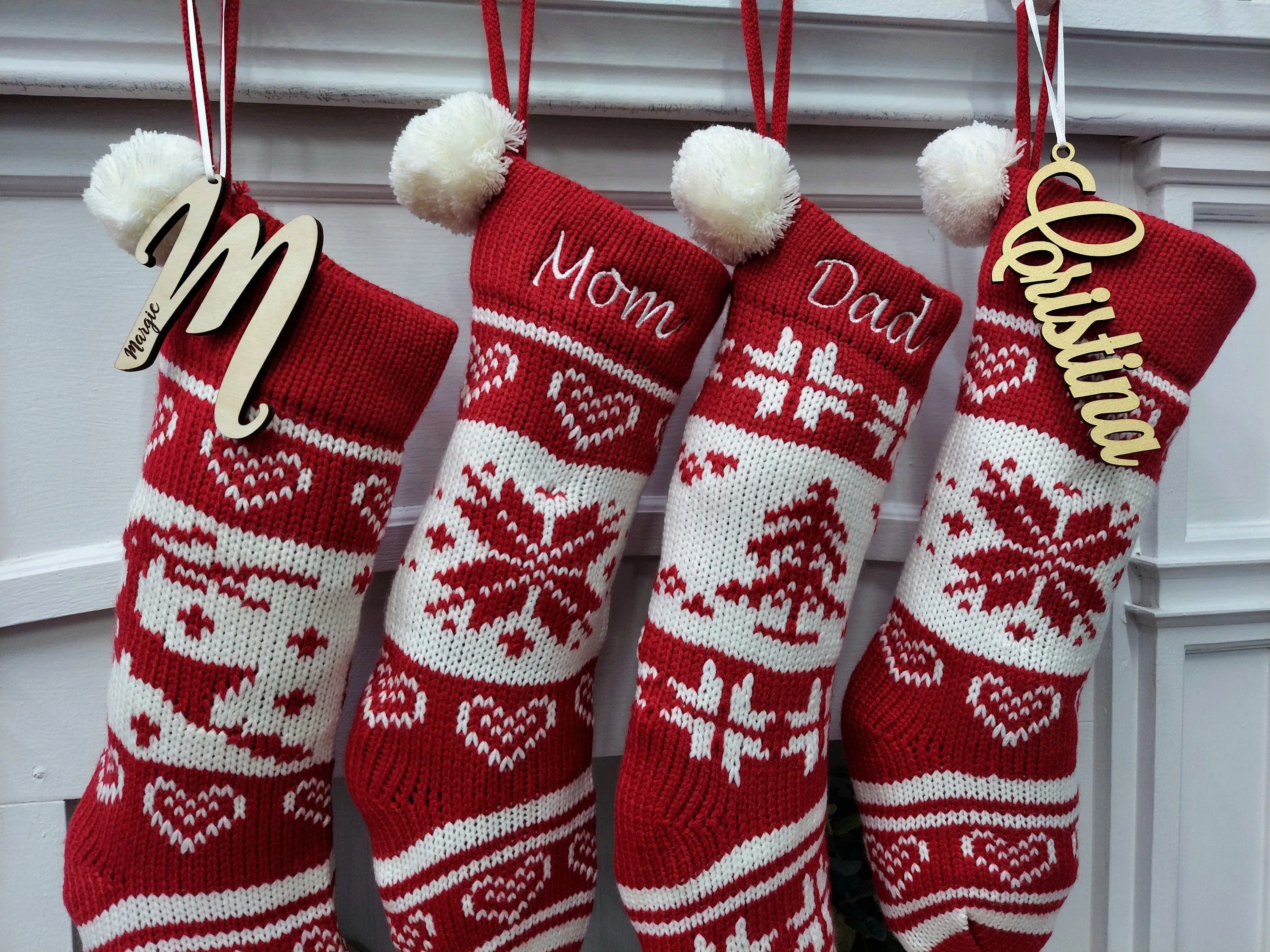 Embroidered Red White Fair Isle Personalized 20" Knitted Christmas Stockings Intarsia Knit Modern Snowflake Reindeer Tree Pom Pom Kids Xmas