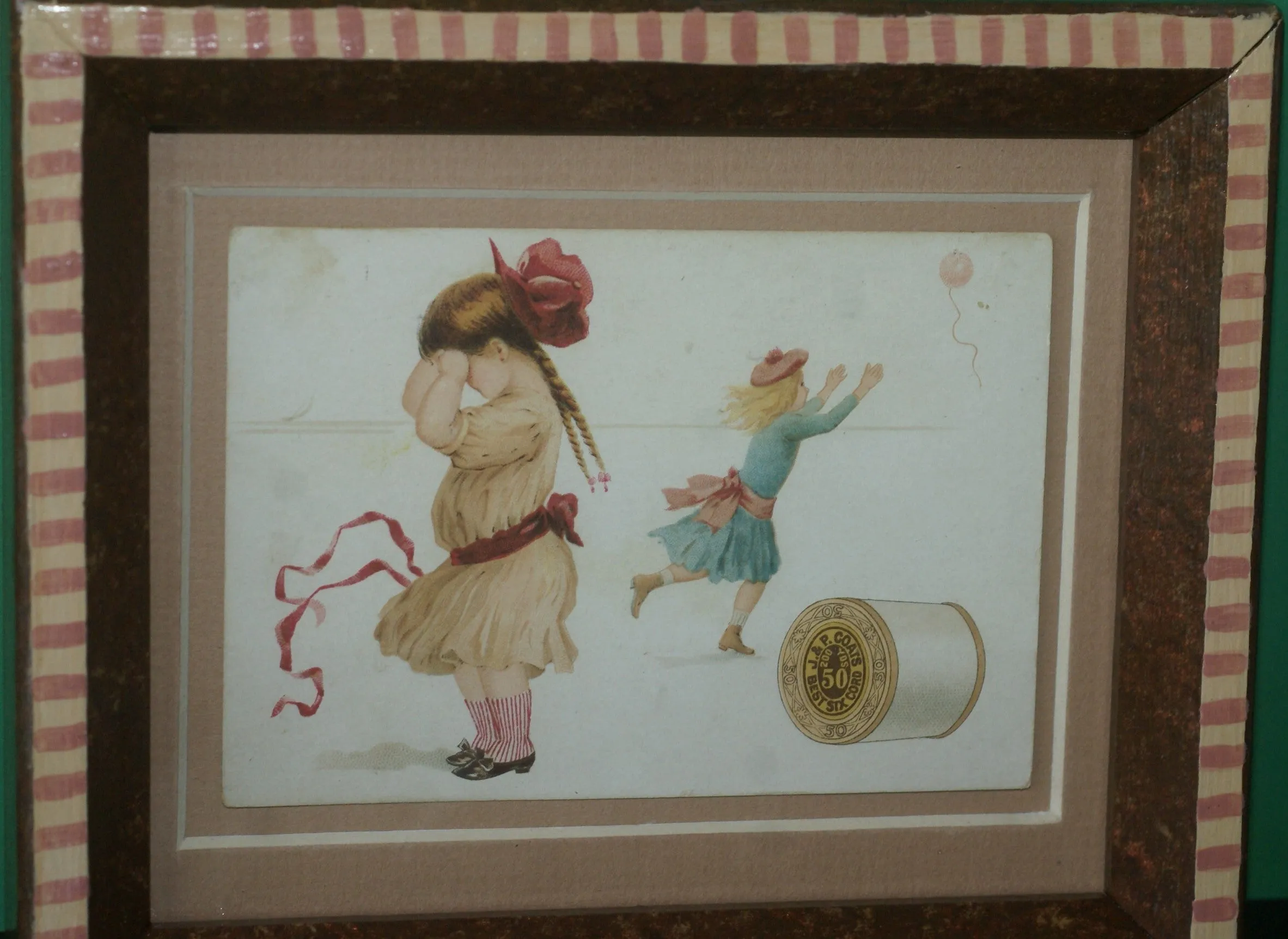 EPHEMERA AMERICANA WHIMSICAL ART: 1887 MATTED & FRAMED ANTIQUE VICTORIAN ADVERTISING TRADE CARD: J&P Coats, GIRL WITH KITE CRYING (DFPO2V) ARTIST HAND PAINTED FRAME DESIGNER COLLECTOR COLLECTIBLE WALL DÉCOR UNIQUE