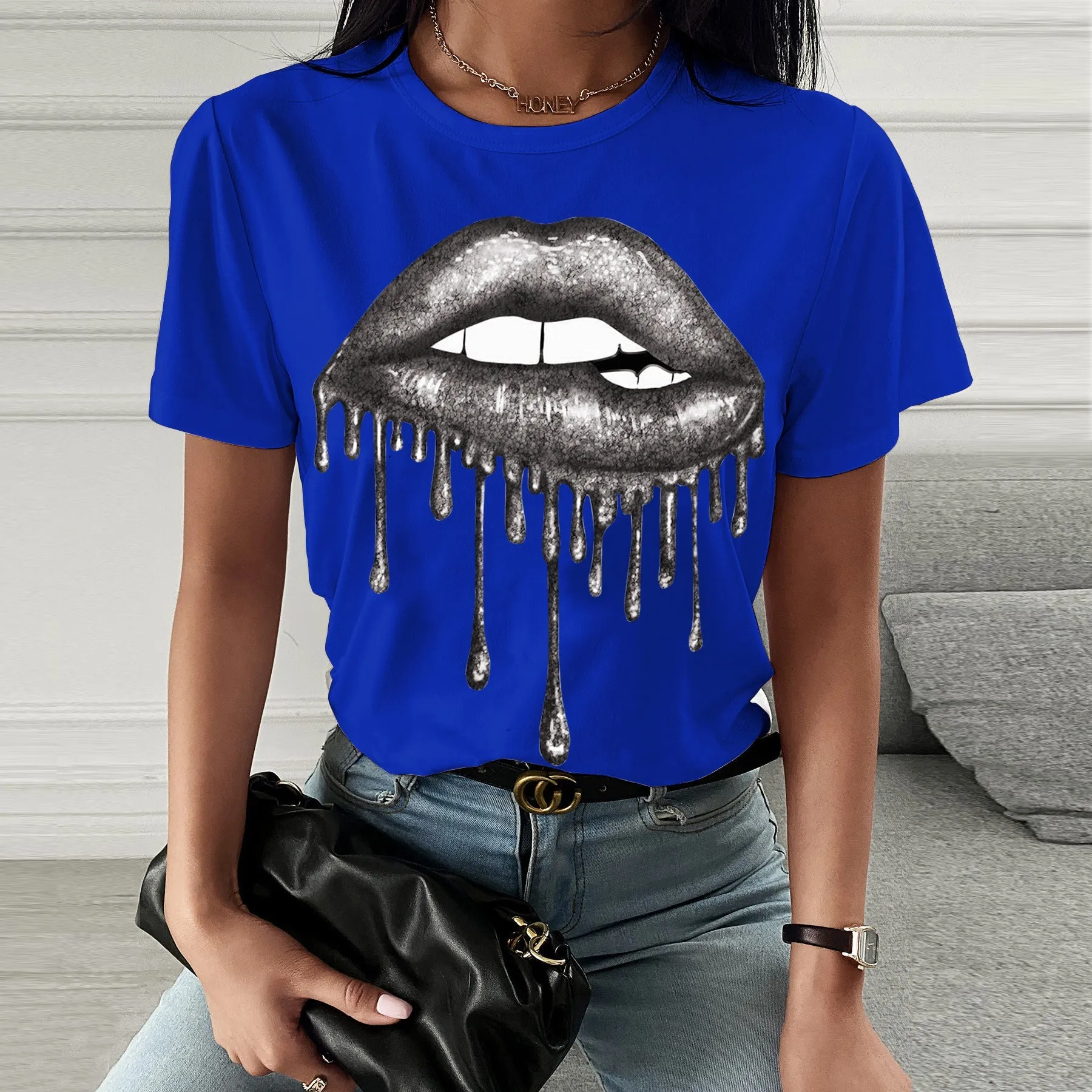 Fashion flash silver printing short-sleeved T-shirt