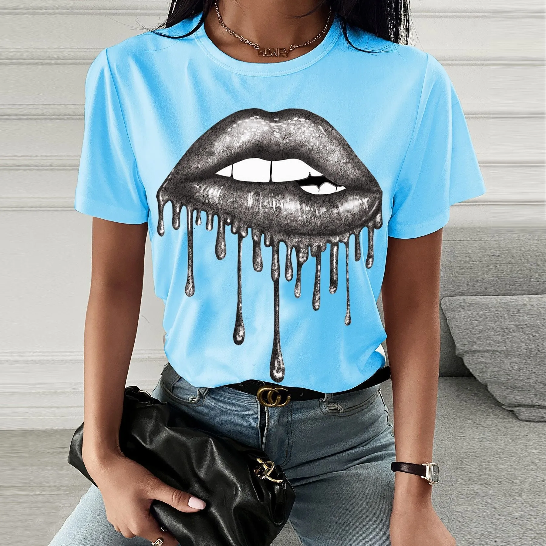 Fashion flash silver printing short-sleeved T-shirt