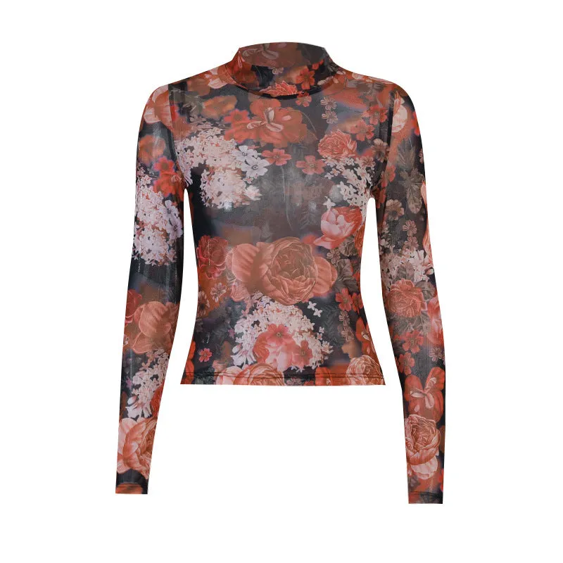 Flower-print mesh half-high neck long-sleeved slim waist top