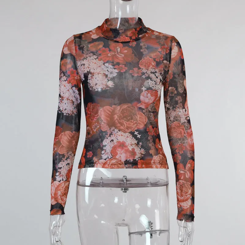 Flower-print mesh half-high neck long-sleeved slim waist top