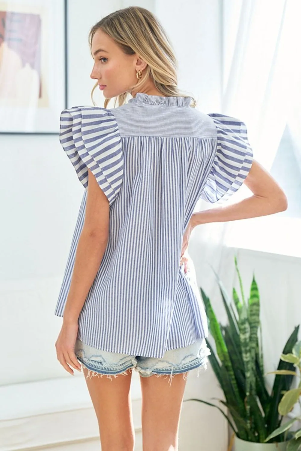 Full Size Striped Flutter Sleeve Blouse