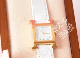 Hermes Gold H Hour Watch PM White Strap Bracelet