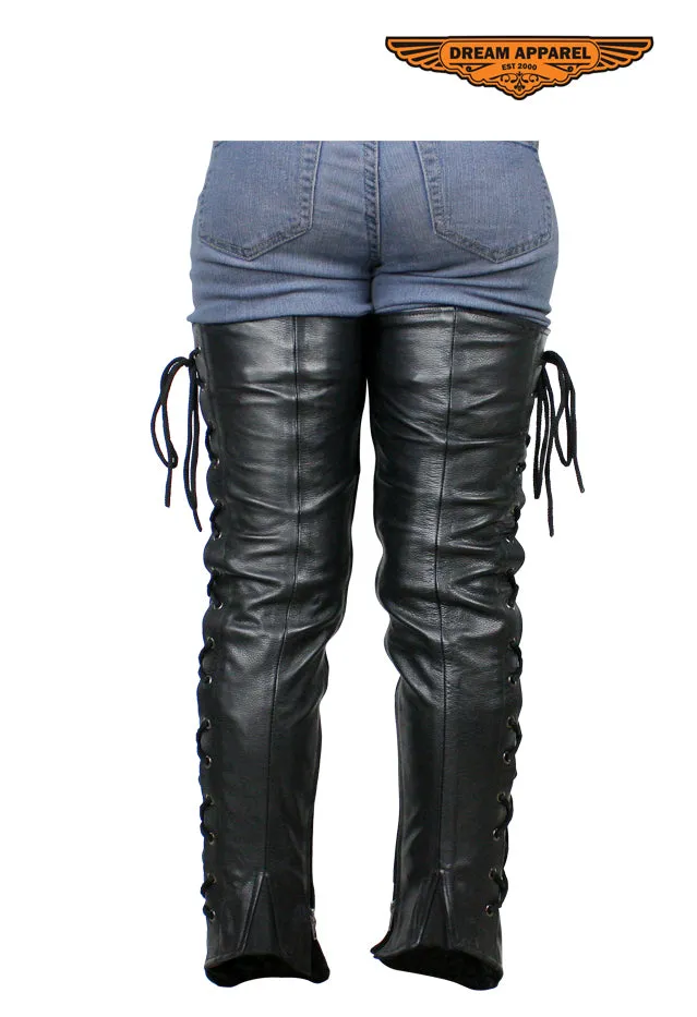 Ladies Naked Cowhide Leather Laced Leggings - Black