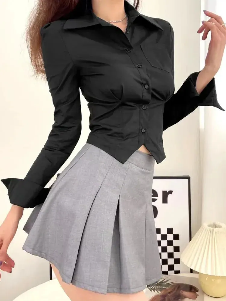 Long French Ruched Slim Retro Blouse