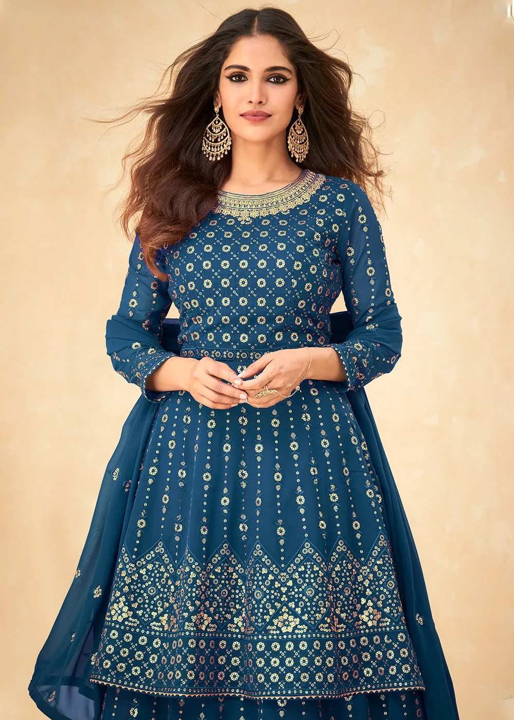 Long Kurti Style Blue Georgette Embroidered Lehenga Suit