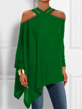 Loose Asymmetric Hollow Solid Color Cold Shoulder Blouse