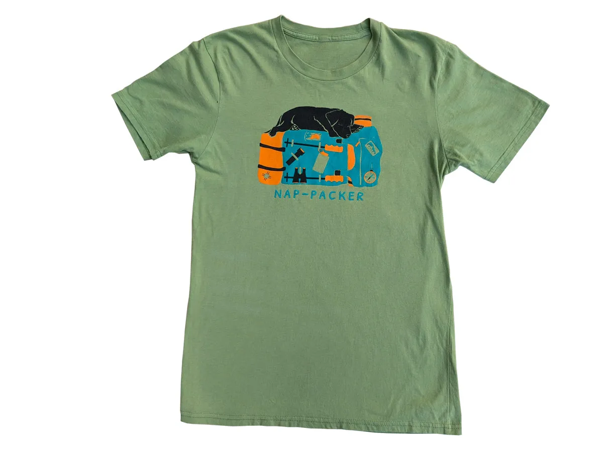 Nap-Packer Graphic Tee | 100% Organic Cotton T-shirt | Backpacking Adventure Dog