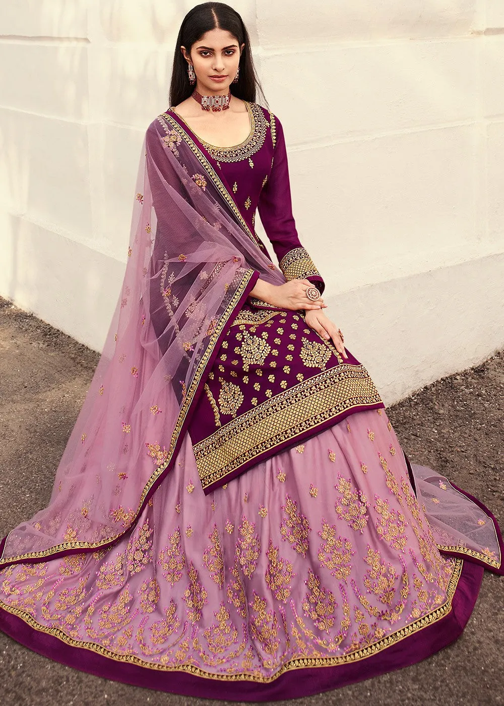 Pink & Purple Long Kurti Style Embroidered Lehenga