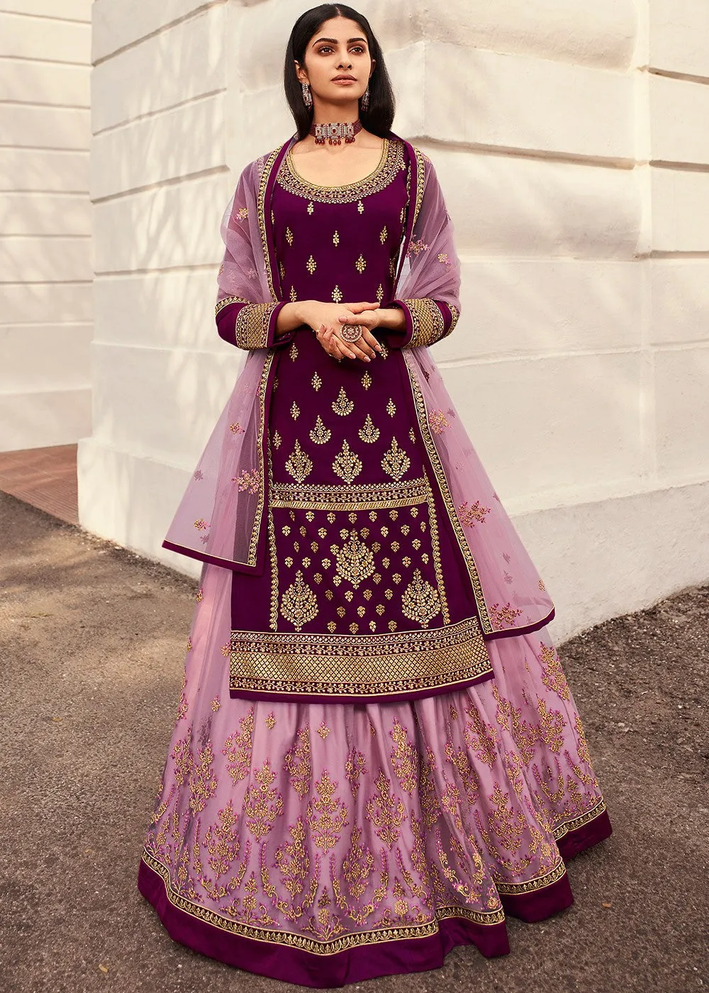 Pink & Purple Long Kurti Style Embroidered Lehenga