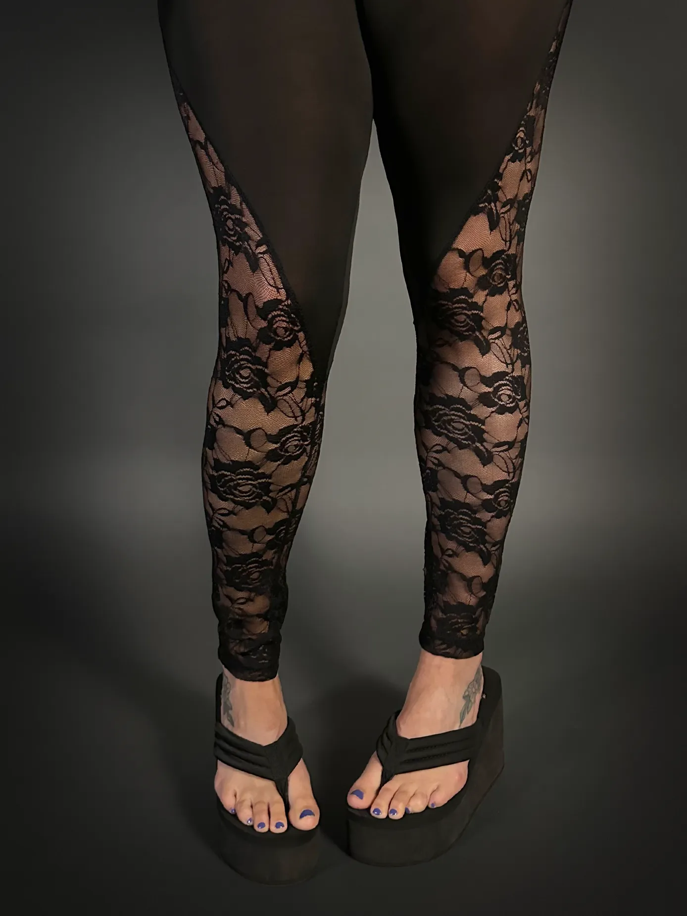 Rose Lace Sides Translucent Stretch Leggings with High Waist