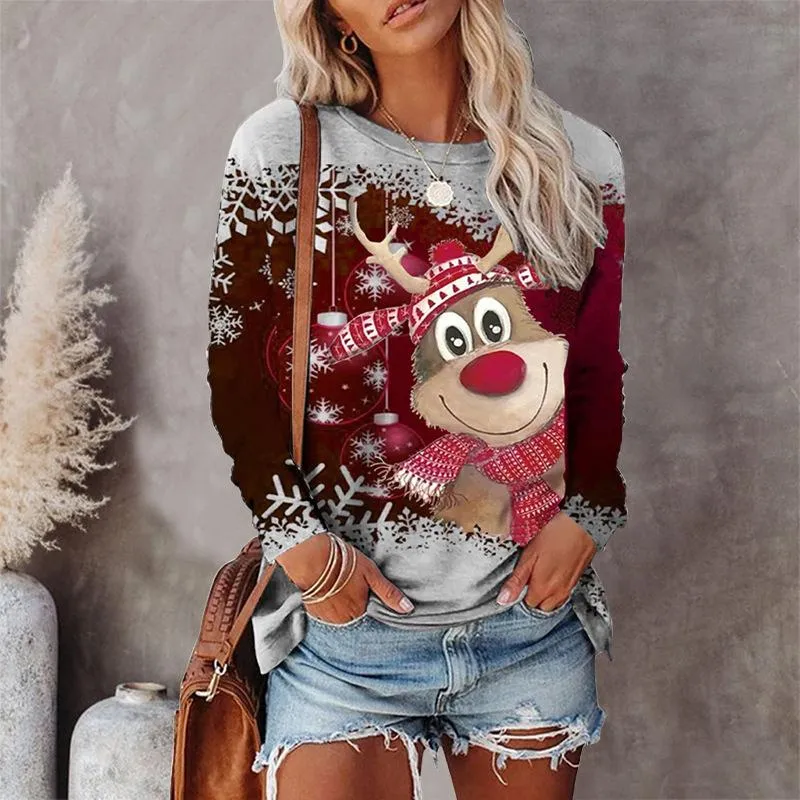 Round neck flower deer Christmas tree print casual long-sleeved t-shirt