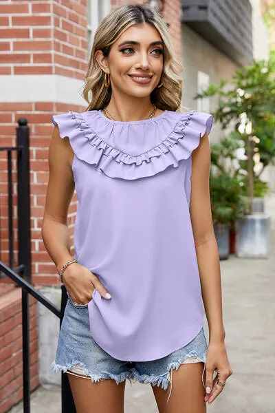 Ruffled Round Neck Sleeveless Blouse