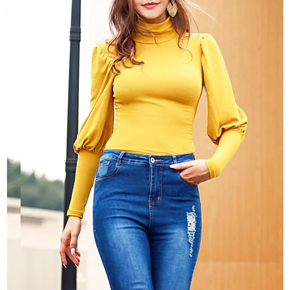 Slim waist solid color bottoming shirt women's high-neck long-sleeved top