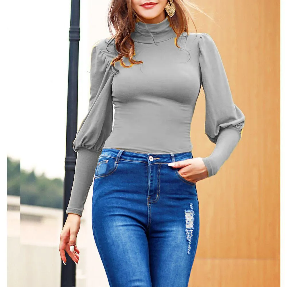 Slim waist solid color bottoming shirt women's high-neck long-sleeved top