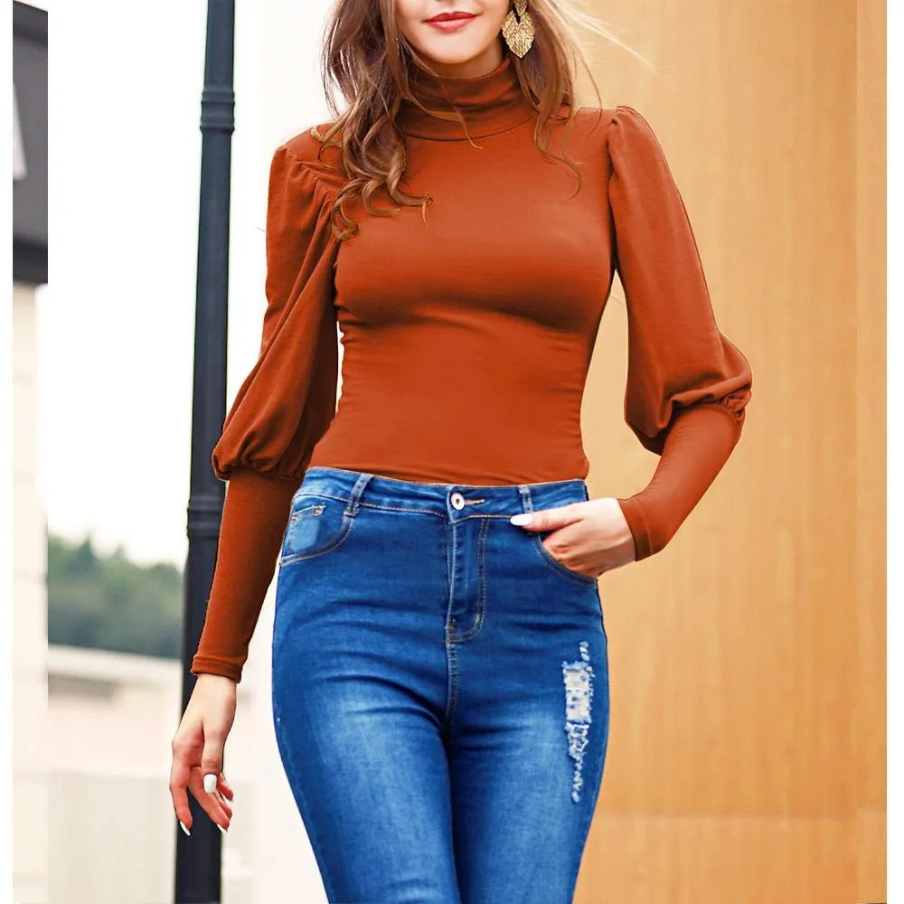 Slim waist solid color bottoming shirt women's high-neck long-sleeved top