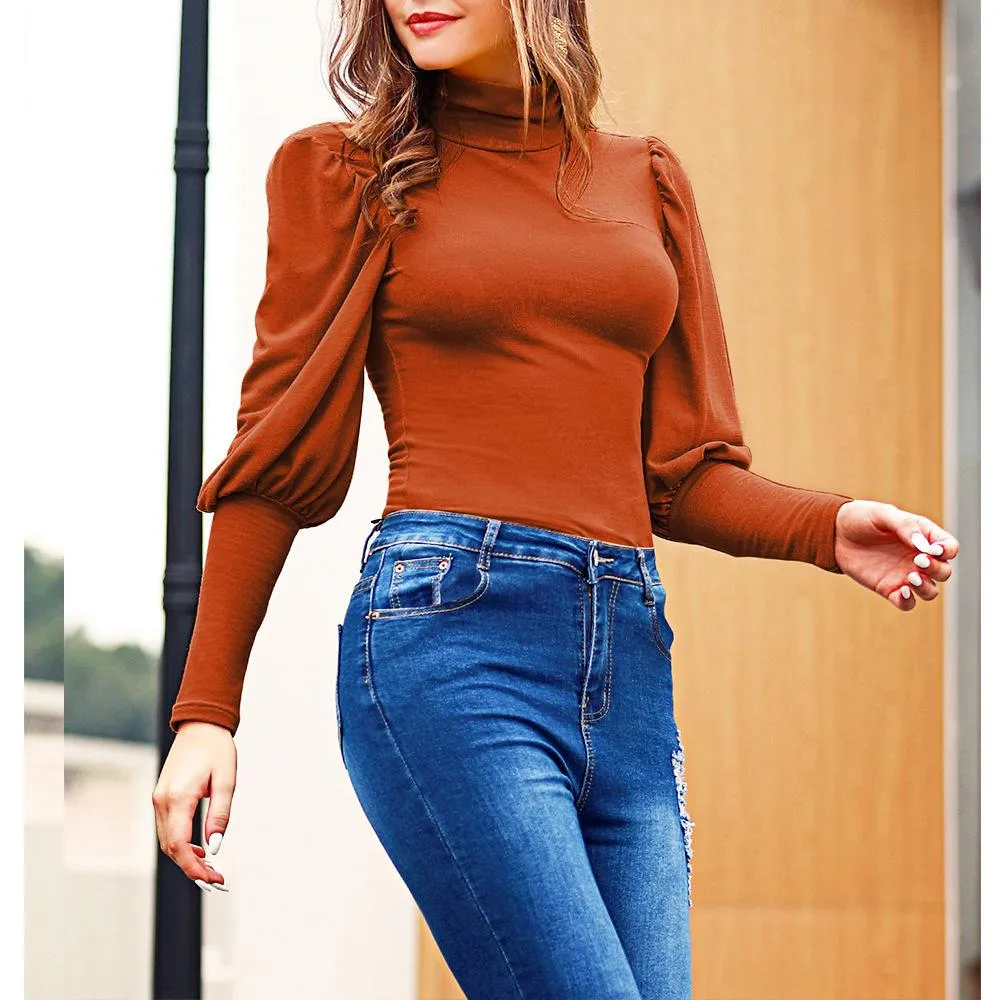 Slim waist solid color bottoming shirt women's high-neck long-sleeved top