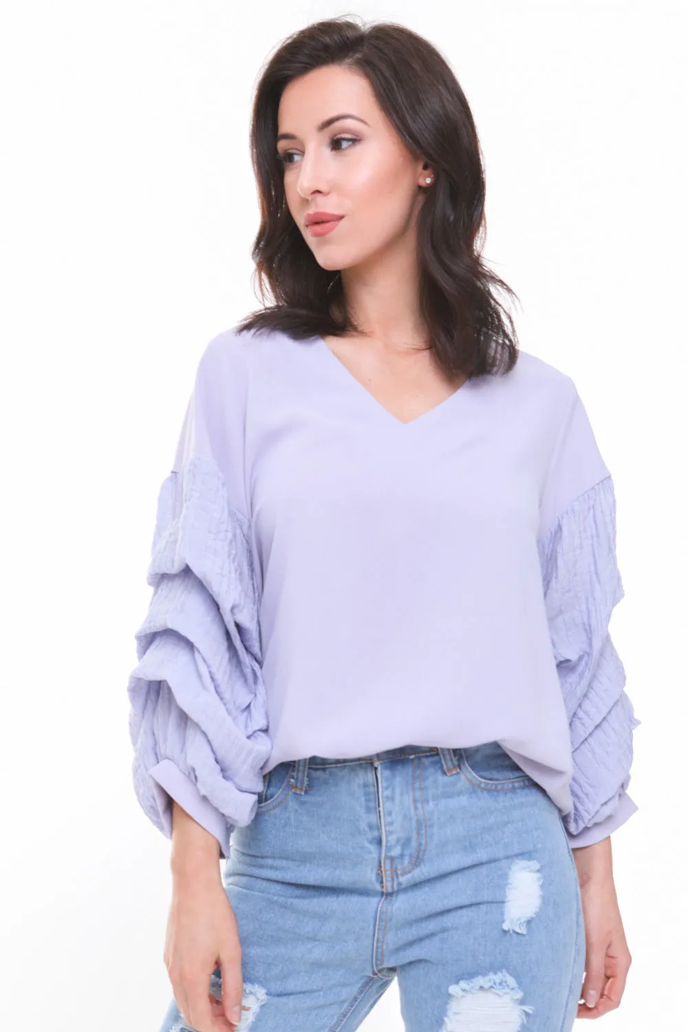 Soft Pleat Tuck Puffer Sleeve Floaty Top