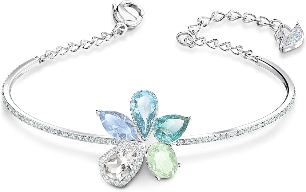 Swarovski Women's Sunny Bangle, Light Multicoloured Floral Shaped Crystals, Radiant Rhodium Plated Bracelet, from the Swarovski Sunny Collection