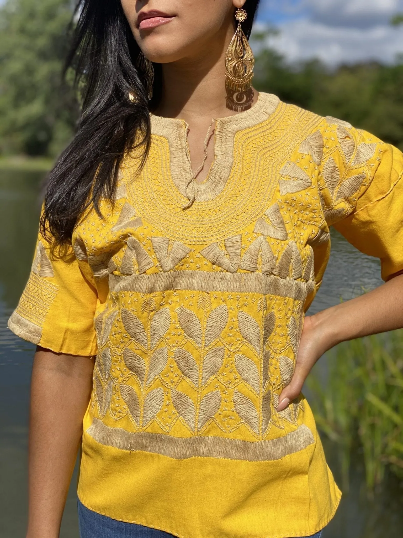 Traditional Mexican Golden Embroidered 3/4 Sleeve Blouse. Blusa Milpas Dorada