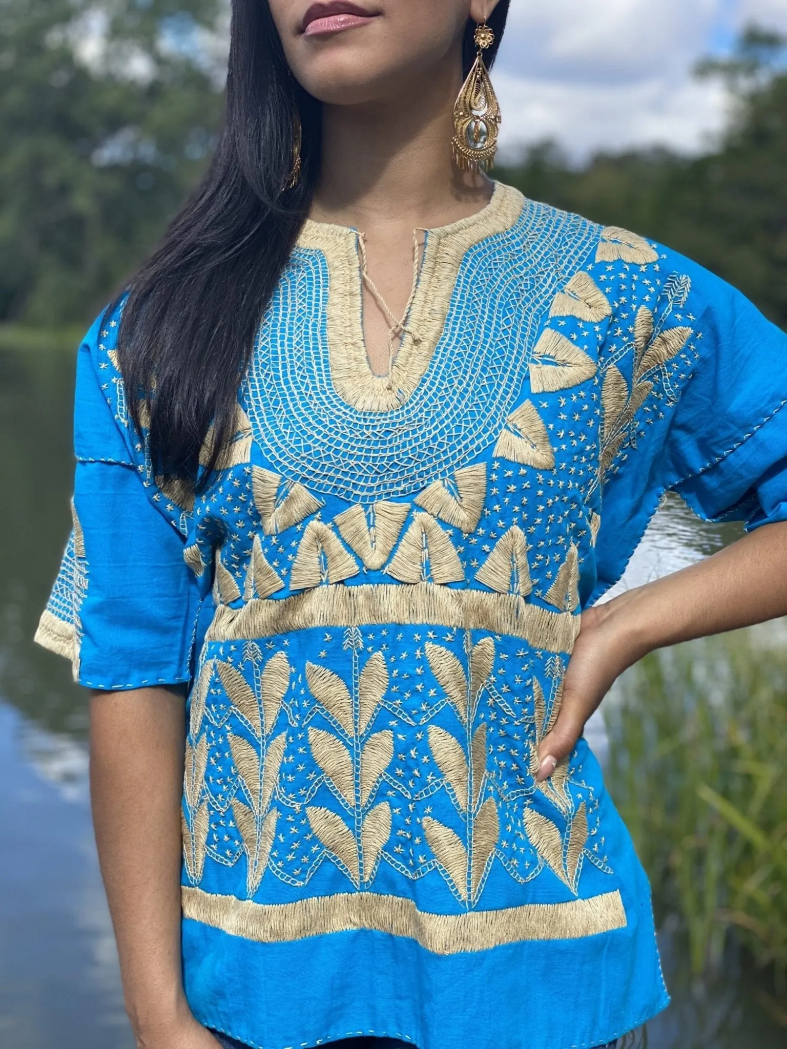 Traditional Mexican Golden Embroidered 3/4 Sleeve Blouse. Blusa Milpas Dorada