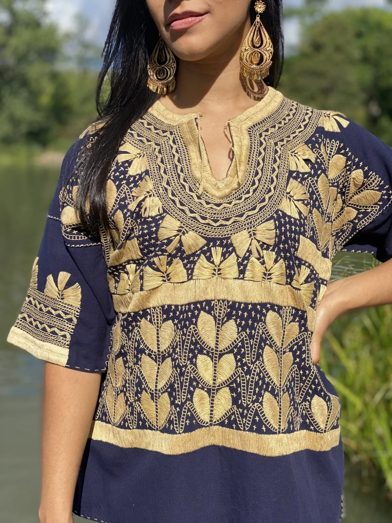 Traditional Mexican Golden Embroidered 3/4 Sleeve Blouse. Blusa Milpas Dorada