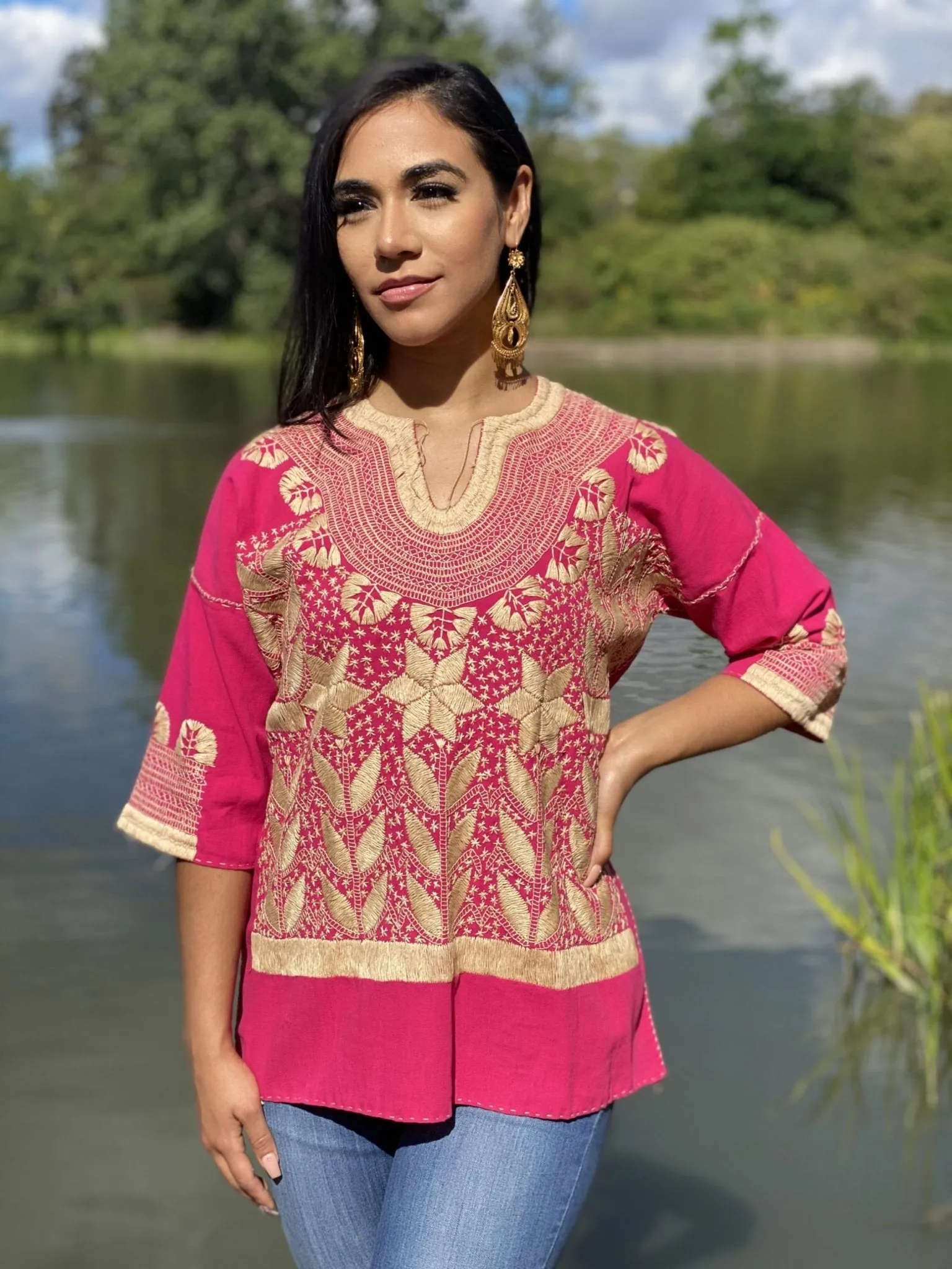 Traditional Mexican Golden Embroidered 3/4 Sleeve Blouse. Blusa Milpas Dorada