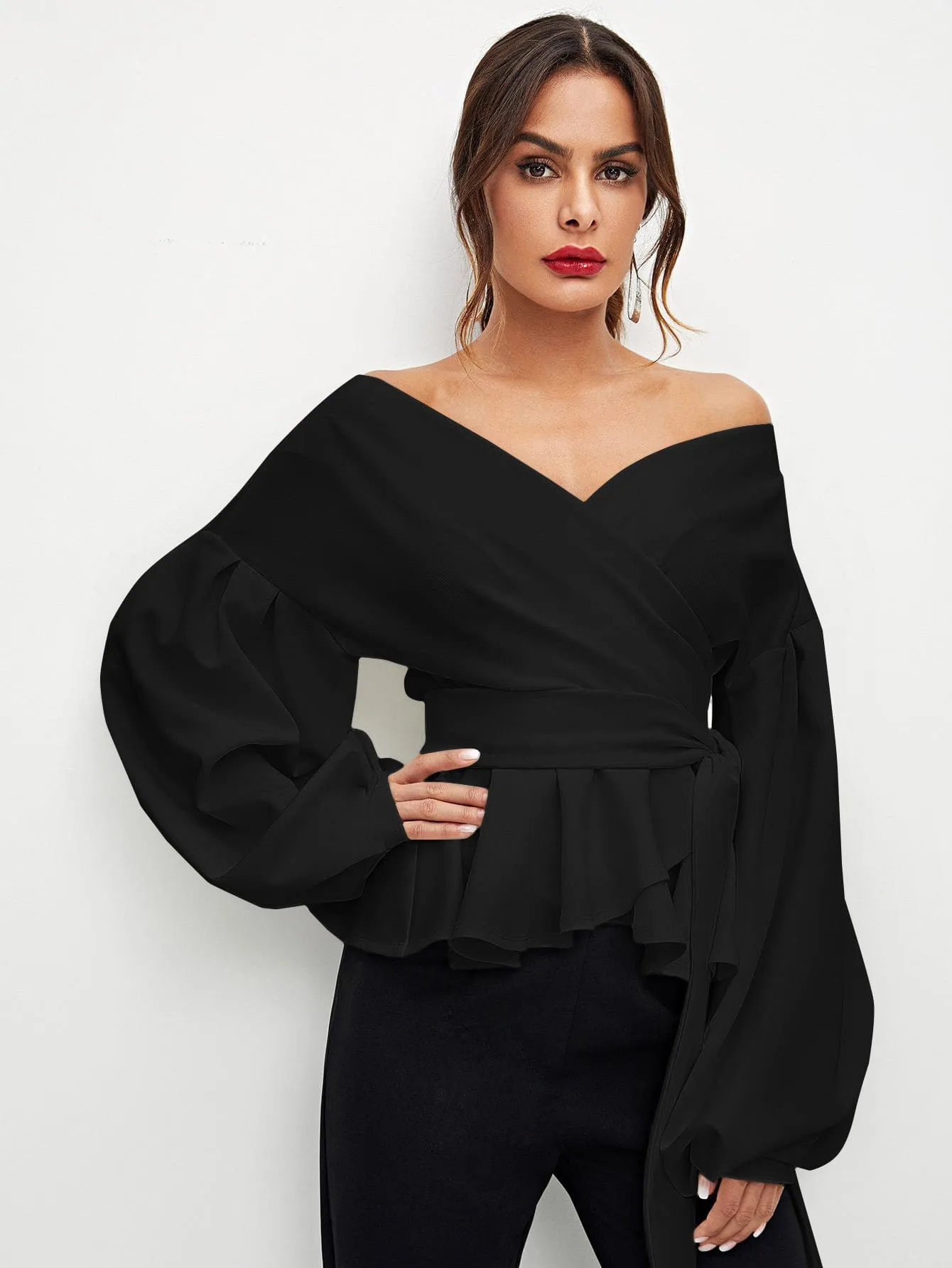 Unity Lantern Sleeve Surplice Belted Peplum Blouse