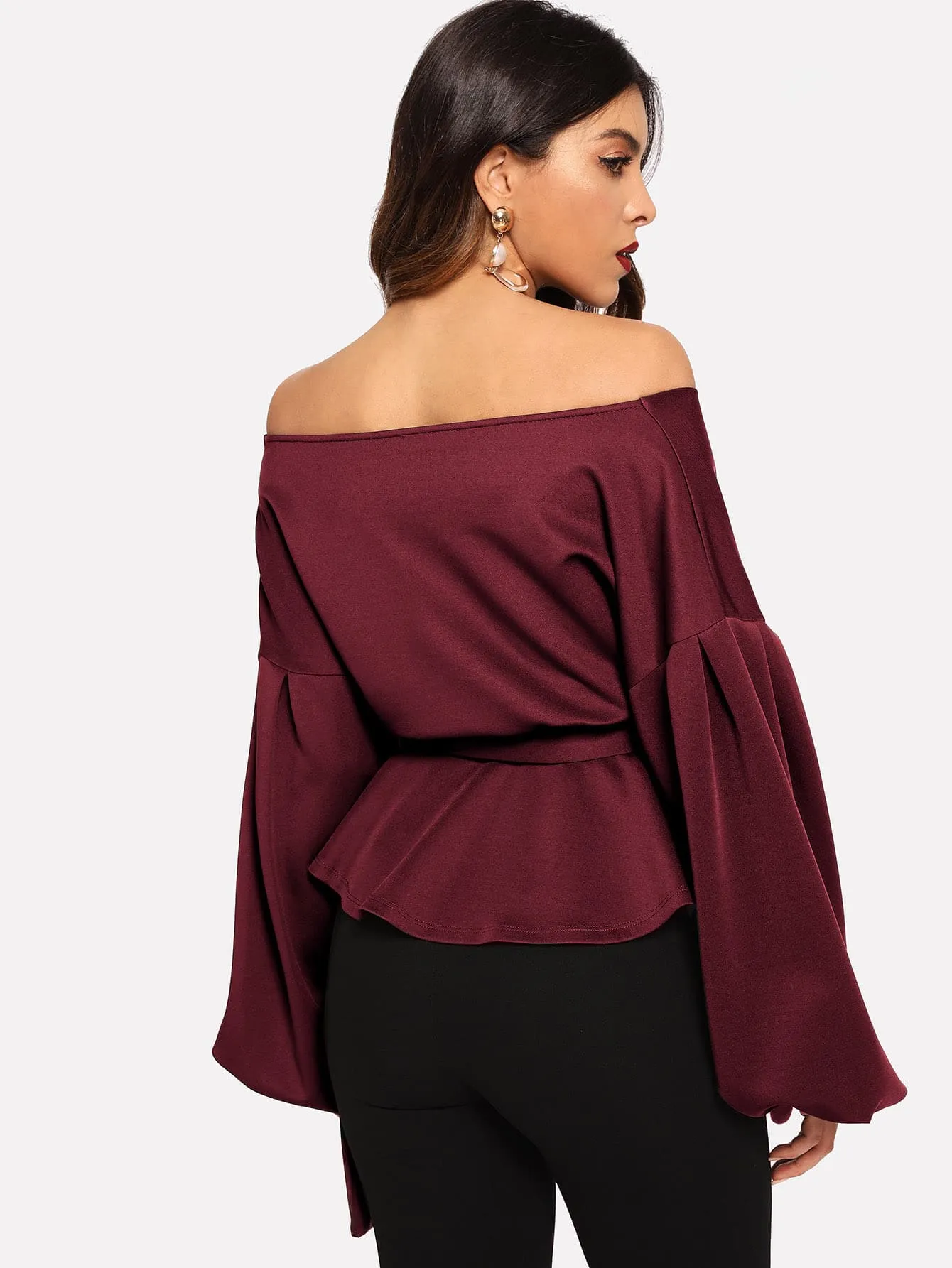 Unity Lantern Sleeve Surplice Belted Peplum Blouse